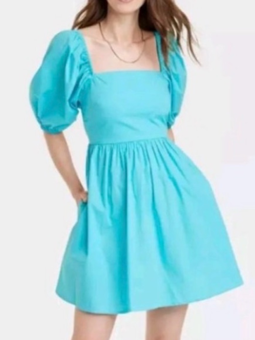 A new Day Aqua Blue 3/4 Puff Sleeve Open Back Mini Dress new with tags medium